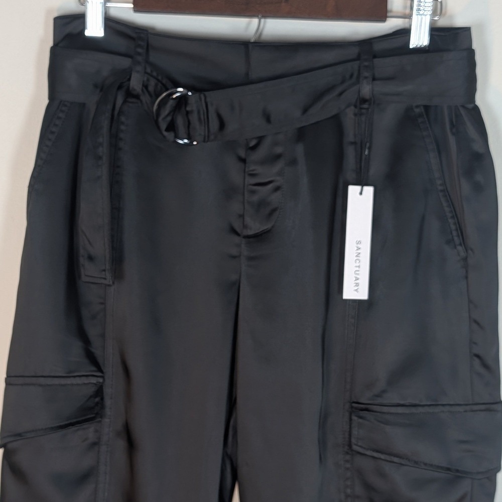Sanctuary Black Satin Cargo Jogger Pants Belted High Rise Size 28 NWT Gothcore